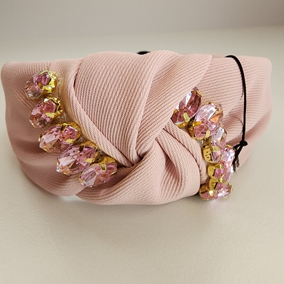 78. Light Pink Monochromatic Marquise Stone Fabric Embellished Knot Headband - Picture 8 of 10